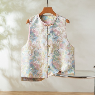 桃花源～真丝桑蚕丝宋锦对襟马甲圆领新中式国风女背心外穿上衣