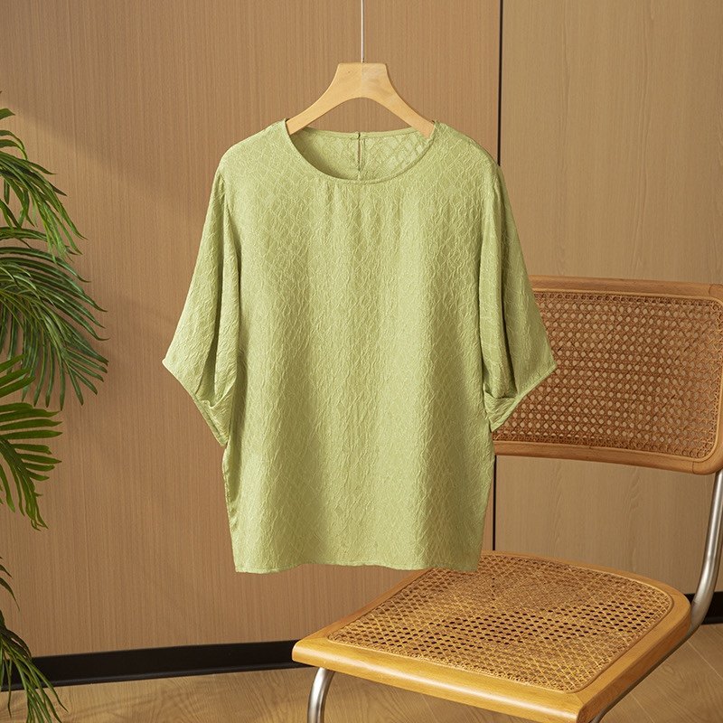 桑蚕丝圆领宽松休闲百搭简约气质短袖衬衫上衣真丝冠乐绉花萝T恤