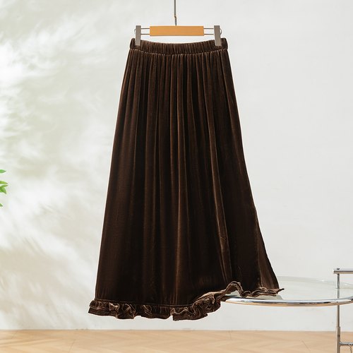 木耳边桑蚕丝丝绒半身裙中长款后开叉裙子垂感松紧腰A字裙气质风