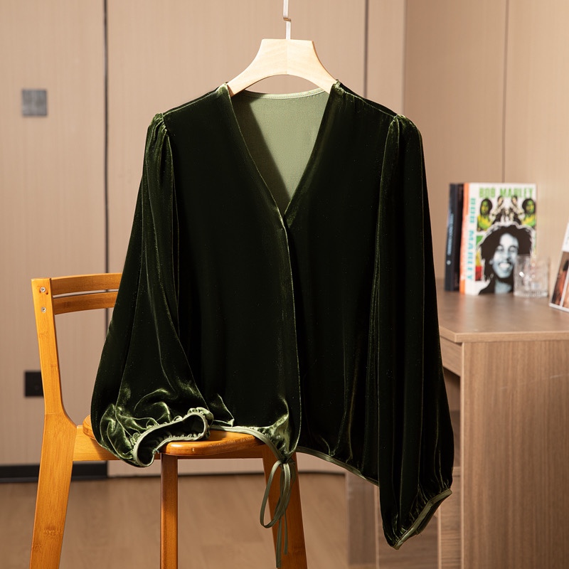 轻奢复古真丝丝绒外套女新款宽松气质百搭显瘦小衫桑蚕丝上衣女