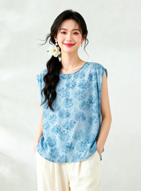 商场同款法式蓝色晕染春夏新款女休闲慵懒风格连肩桑蚕丝双绉上衣