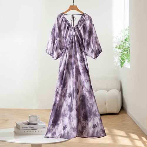 双V领真丝双绉宽松灯笼袖显白连衣裙女桑蚕丝系带显瘦礼服长裙