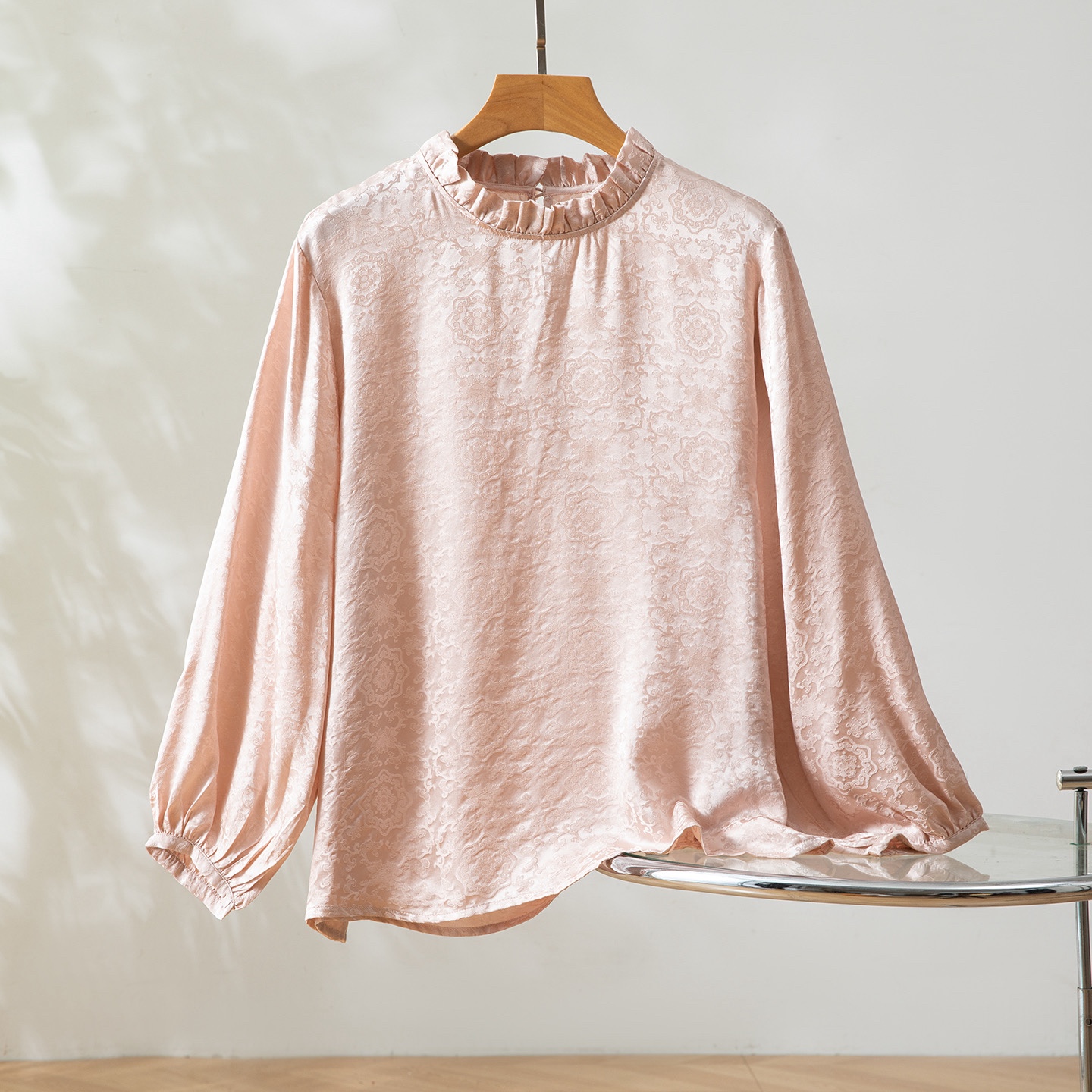 嫩粉色～真丝衬衫女士长袖洋气减龄木耳领提花桑蚕丝百搭上衣
