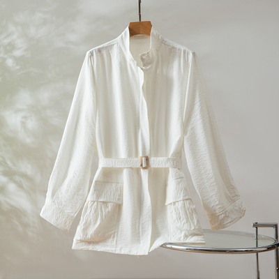 极简老钱气质 真丝干丝工装衬衫外套女收腰长袖拉链款风衣
