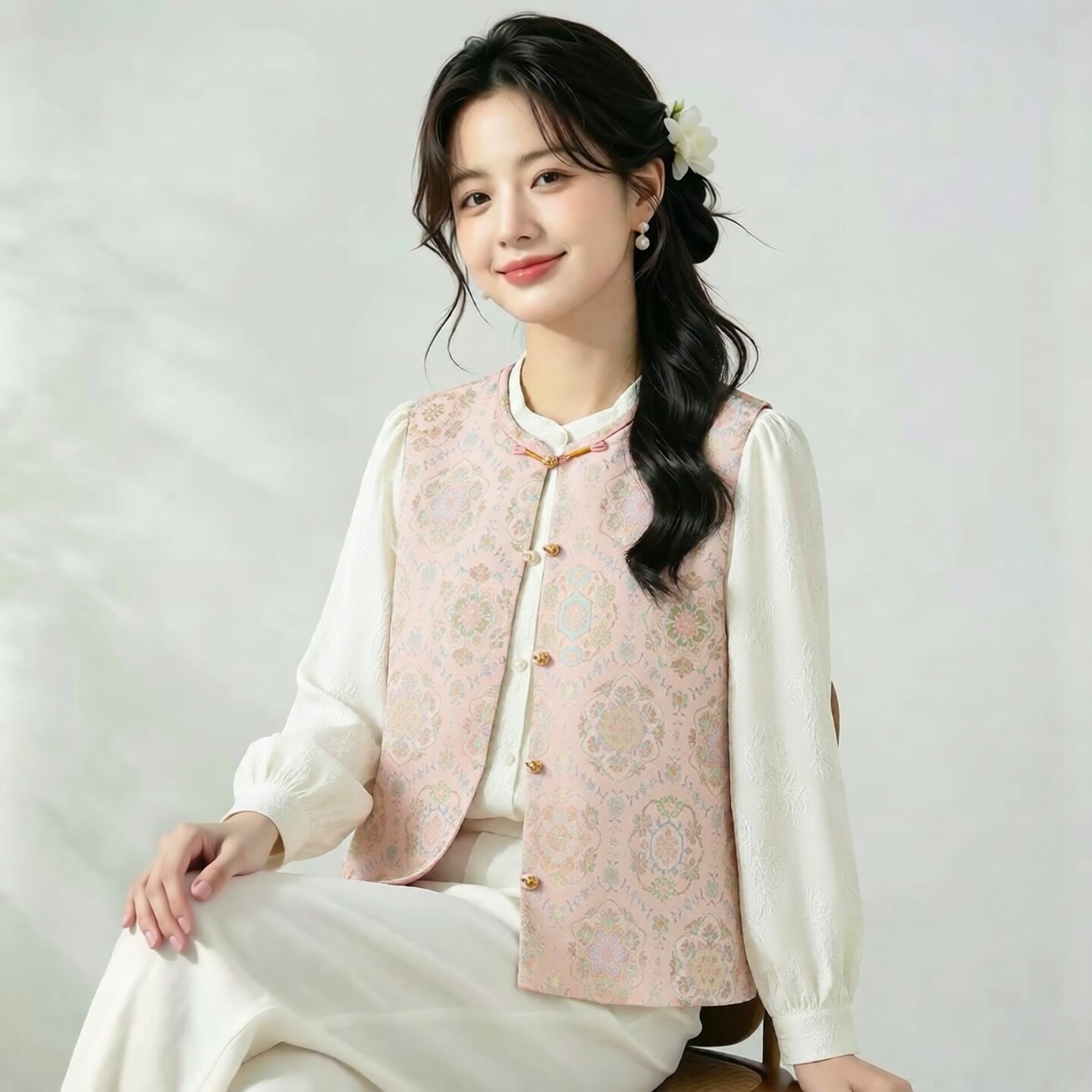 冰淇凌粉宝相花桑蚕丝宋锦对襟马甲圆领新中式国风女背心外穿上衣