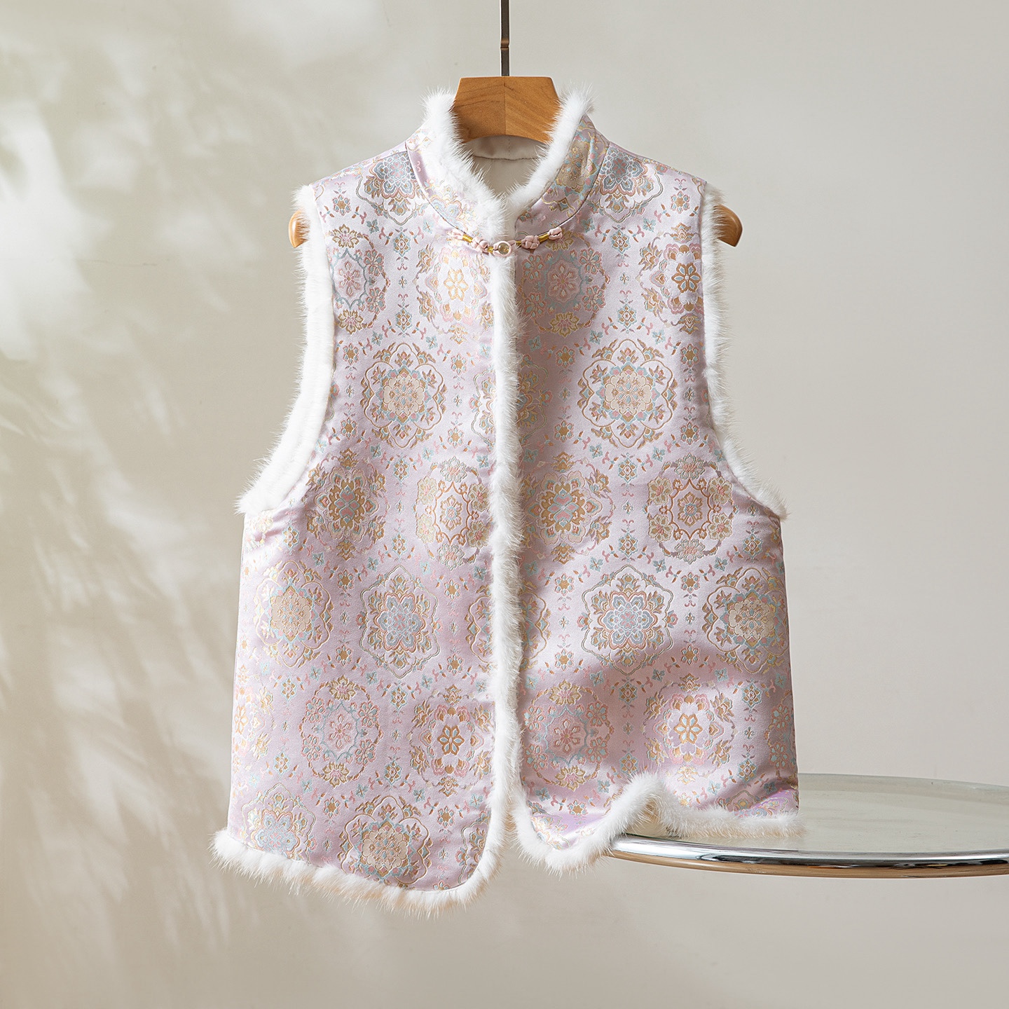 秋冬立领桑蚕丝宋锦夹蚕丝棉马甲水貂毛对襟真丝坎肩上衣外套