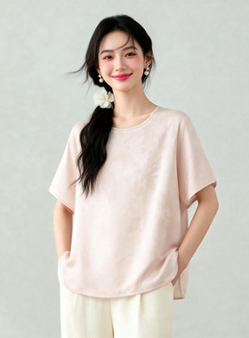 真丝磨砂提花缎短袖T恤女桑蚕丝圆领套头宽松开叉极简燕尾上衣