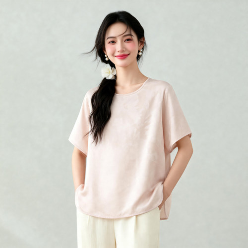 真丝磨砂提花缎短袖T恤女桑蚕丝圆领套头宽松开叉极简燕尾上衣