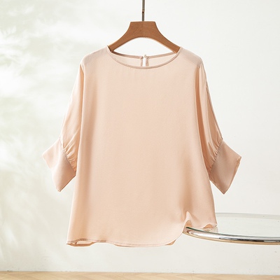 真丝桑蚕丝鬼绉圆领七分袖衬衫女夏季新款宽松显瘦灯笼袖上衣