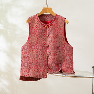 红八达～真丝桑蚕丝宋锦对襟马甲圆领新中式国风女背心外穿上衣