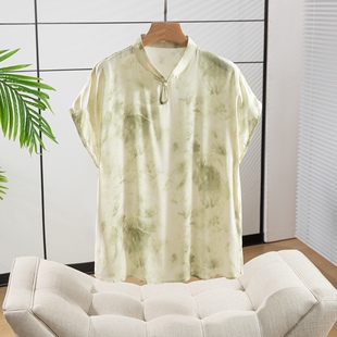 潮牌复古真丝双绉扎染印花中式改良盘扣衬衫女短袖百搭国风上衣