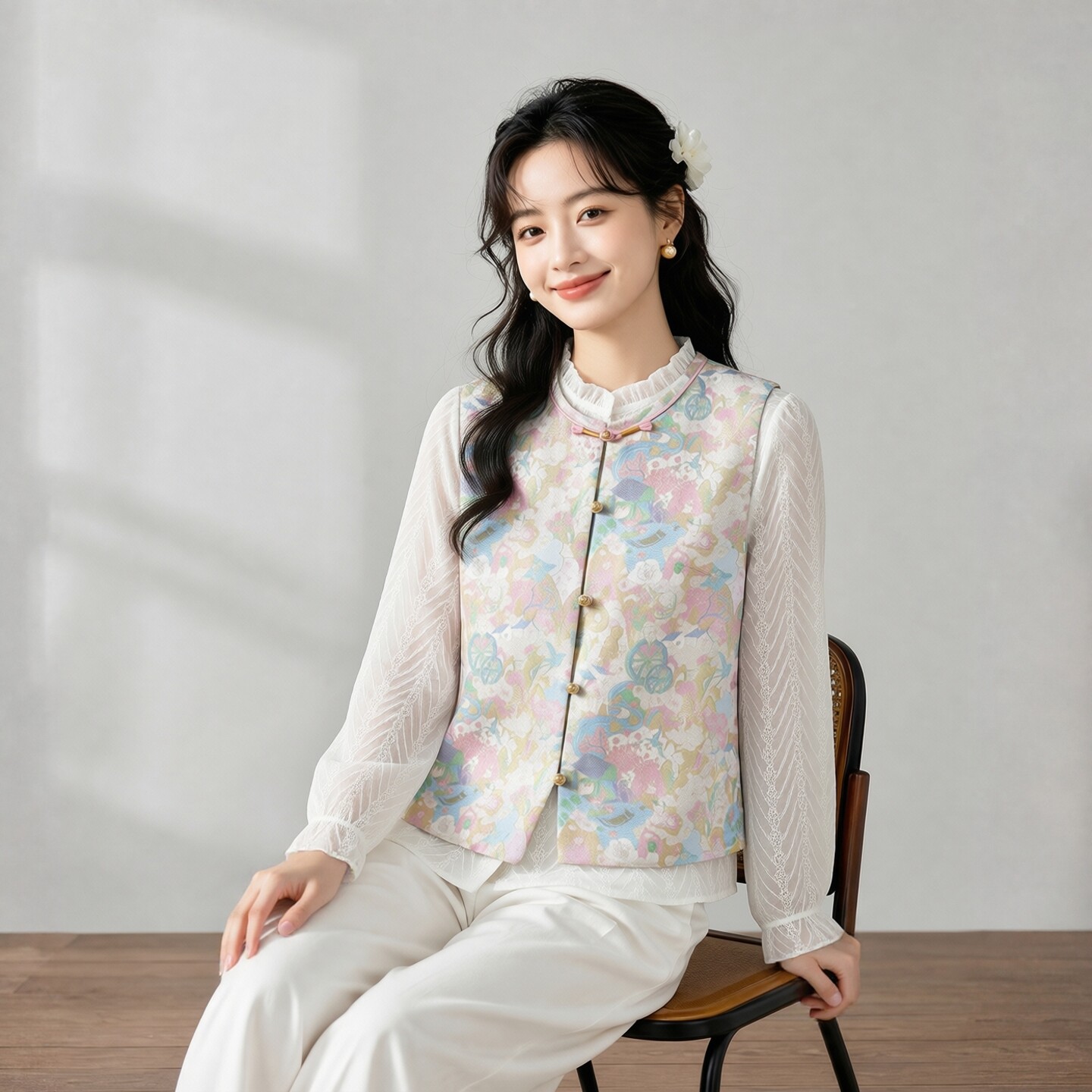 桃花源记～真丝桑蚕丝宋锦对襟马甲圆领新中式国风女背心外穿上衣图片