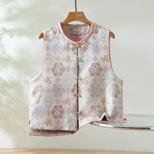 小马宝莉～真丝桑蚕丝宋锦对襟马甲圆领新中式 国风女背心外穿上衣