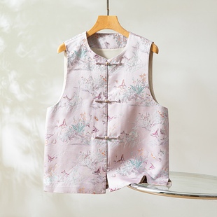 三马家百蝶文锦～真丝桑蚕丝宋锦对襟马甲圆领国风女背心外穿上衣