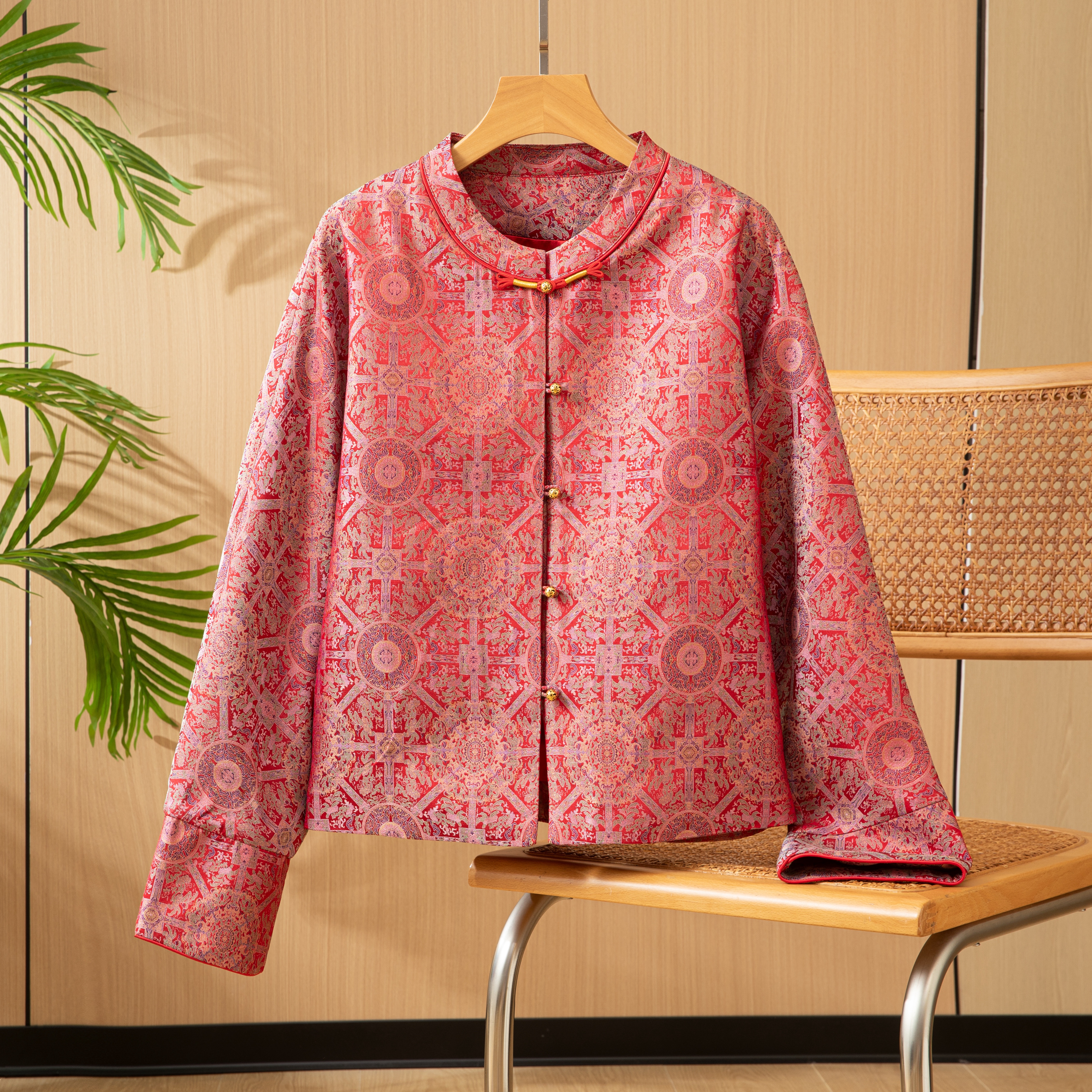 红色八达真丝桑蚕丝宋锦对襟圆领新中式国风女外套上衣