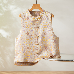 宝相奔鹿～真丝桑蚕丝宋锦对襟马甲圆领新中式国风女背心外穿上衣