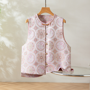 马上有福～真丝桑蚕丝宋锦对襟马甲圆领新中式国风女背心外穿上衣