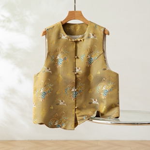 三马家仙鹤牡丹～真丝桑蚕丝宋锦对襟马甲圆领国风女背心外穿上衣