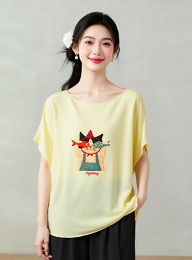 纸片人卡通小猫咪弹力真丝素绉缎蝙蝠袖宽松圆领桑蚕丝短袖T恤女