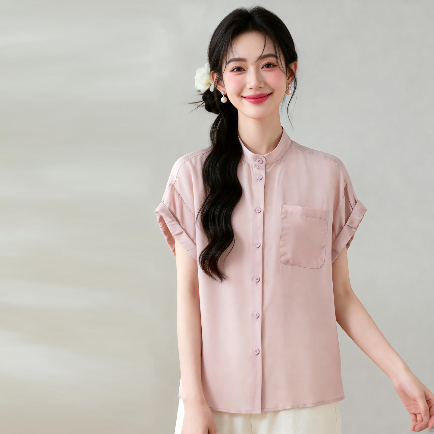真丝桑蚕丝双绉设计独特沙漏袖高智简约立领单口袋百搭短袖衬衫