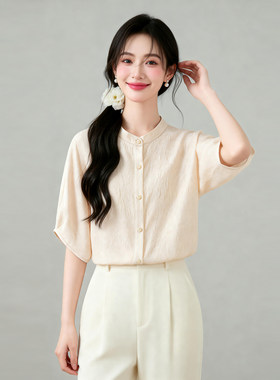 简约版真丝彩皮冠乐绉立领连肩蝙蝠袖宽松通勤衬衫宽松休闲版上衣
