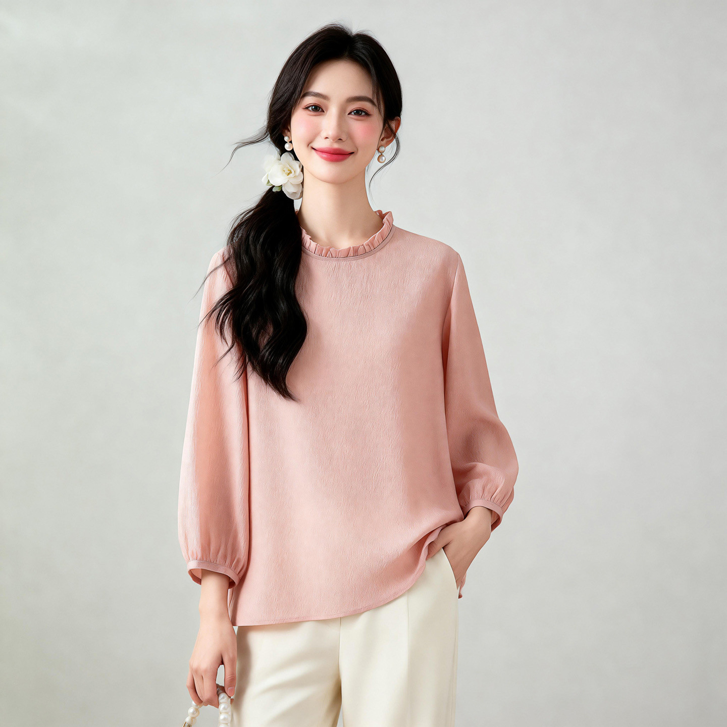 多色～真丝圆领衬衫女九分袖洋气减龄木耳领桑蚕丝泡泡绉百搭上衣