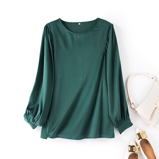 清仓显白绿弹力真丝人字纹泡泡灯笼长袖 女 桑蚕丝圆领套头衬衫