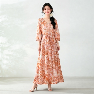 真丝双绉桑蚕丝印花连衣裙女夏季新款宽松显瘦V领短袖气质碎花裙