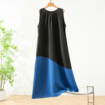 真丝干丝撞色拼接韩版无袖背心连衣裙女宽松显瘦休闲拼色A字裙