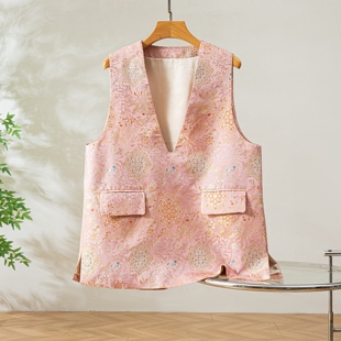 三马家～真丝桑蚕丝宋锦中长款马甲V领新中式国风女背心外穿上衣