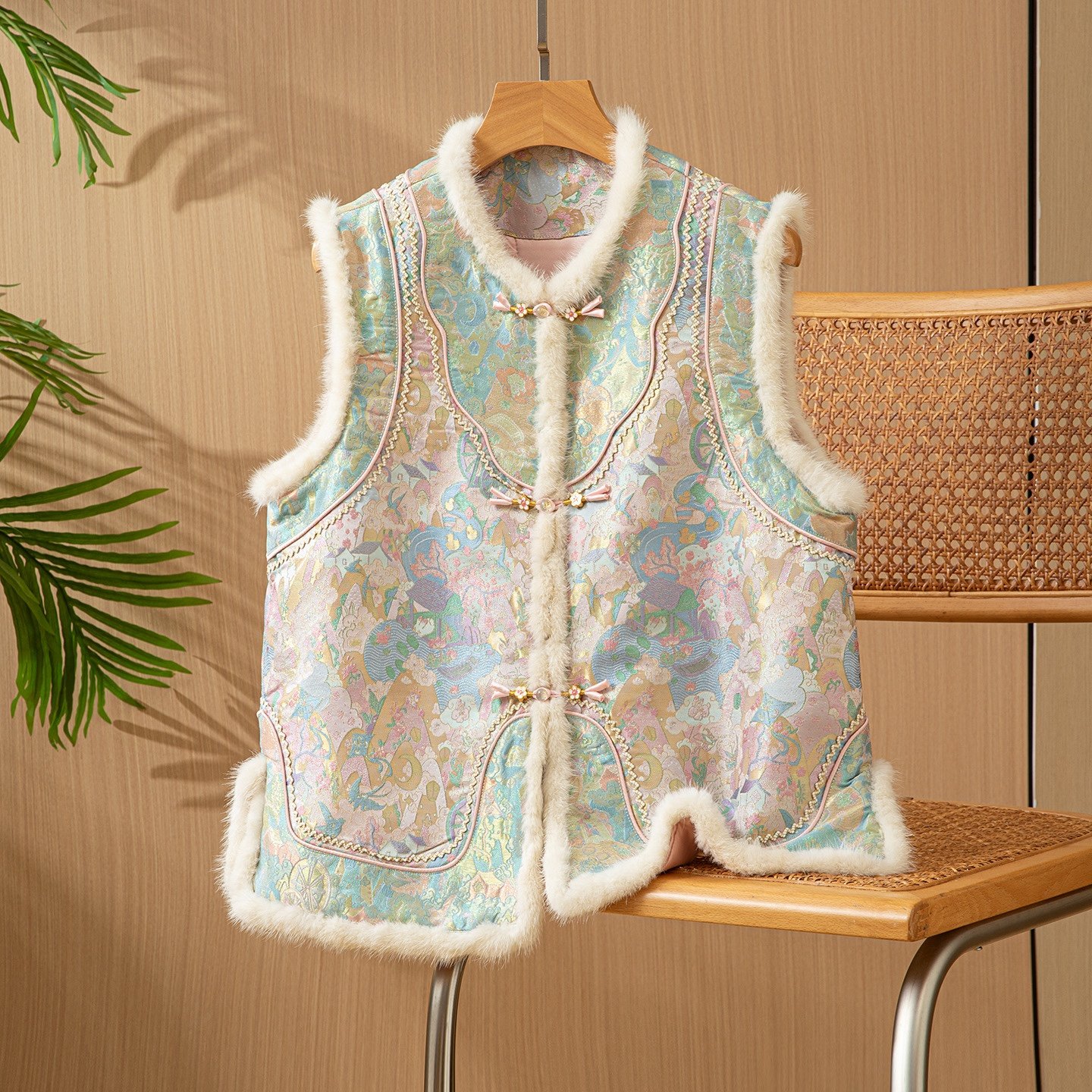 高货貂毛夹蚕丝～真丝桑蚕丝宋锦对襟马甲圆领国风女背心外穿上衣