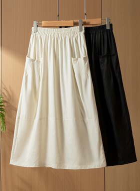 真丝绢丝半身裙文艺复古气球裙A字裙大口袋松紧腰遮肉显瘦女裙