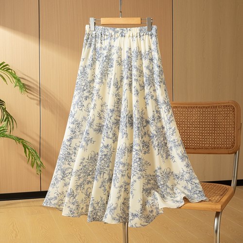 气质高雅 真丝双绉青花瓷印花半身裙女斜裁大摆太阳裙显瘦不挑人