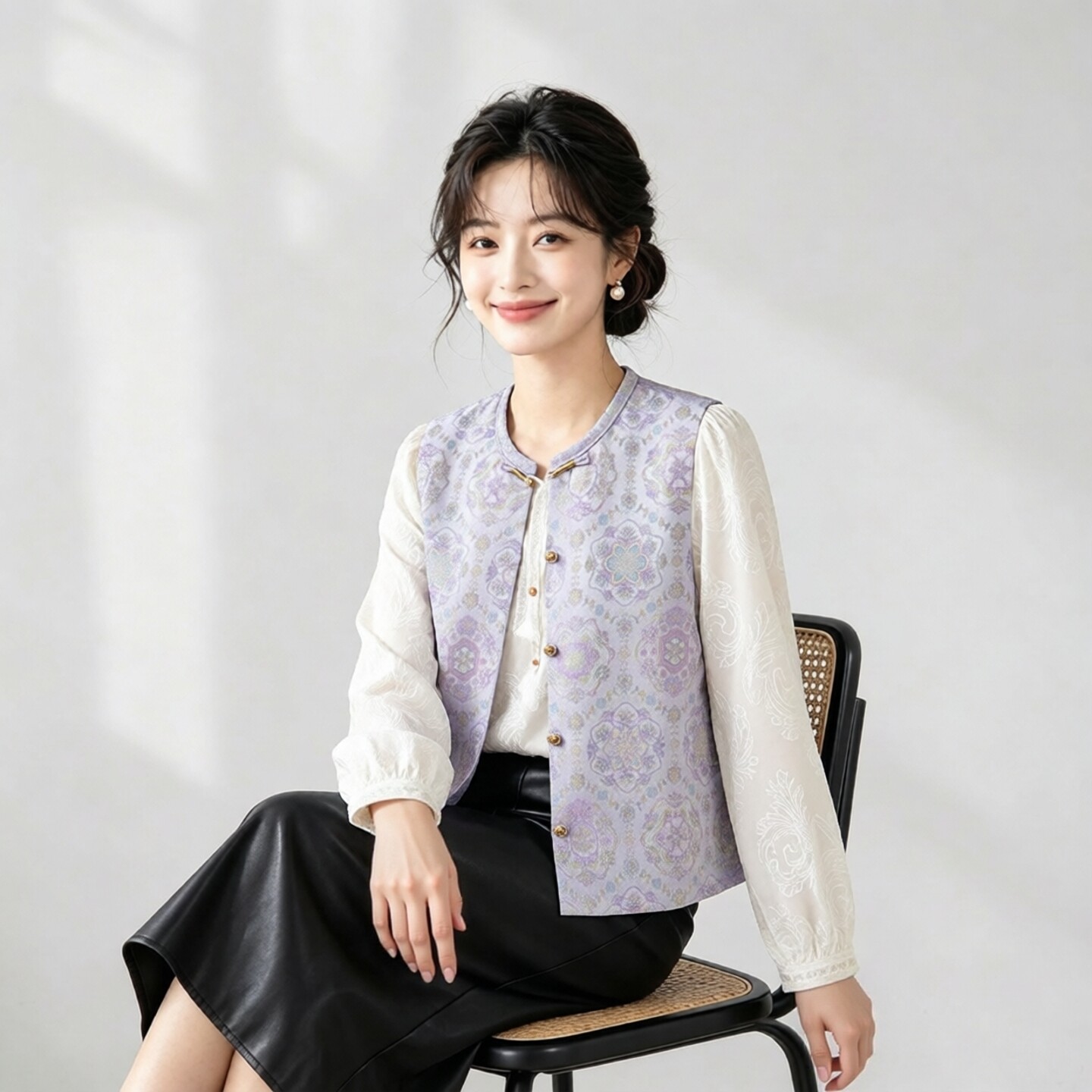 紫冰淇淋～真丝桑蚕丝宋锦对襟马甲圆领新中式国风女背心外穿上衣