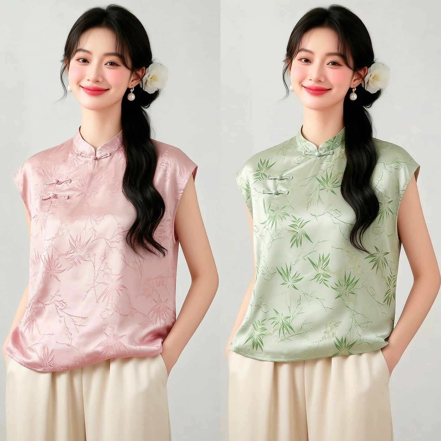 真丝桑蚕丝彩金竹子提花缎斜襟盘扣上衣新中式国风短袖衬衫女夏图片