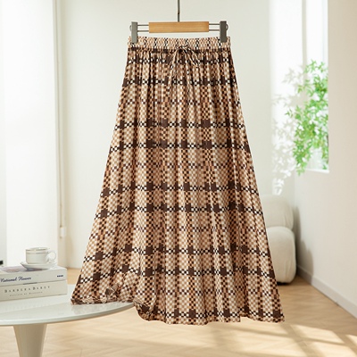 真丝双绉格子半身裙女松紧腰宽松显瘦桑蚕丝高腰百搭休闲大摆裙夏