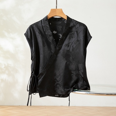 真丝提花花萝小道袍短版交领外套新中式系带上衣开衫女夏