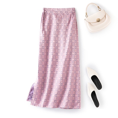 非遗宋锦重磅真丝半身裙女改良旗袍开叉粉紫裙子显瘦百搭高端蚕丝