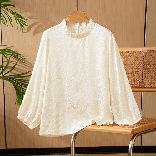 黑白两色～真丝衬衫女士长袖洋气减龄木耳领提花桑蚕丝百搭上衣