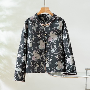 芙蓉锦鸡真丝桑蚕丝宋锦对襟圆领新中式国风女外套上衣