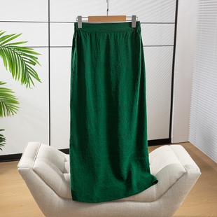 稀少限量真丝绿色龟裂纹香云纱复古文艺松紧腰直筒开叉一步半身裙