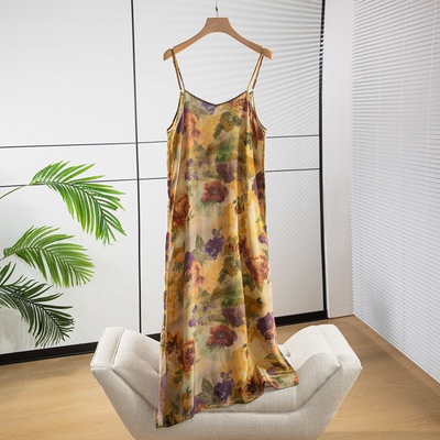 油画玫瑰桑蚕丝加长V领吊带裙真丝双绉宽松版艺术感连衣裙