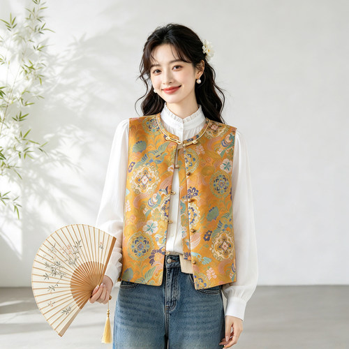 花鸟宝相真丝桑蚕丝珐琅锦对襟马甲圆领新中式国风女背心外穿上衣