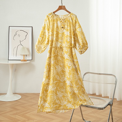 真丝双绉印花黄色V领流浪裙五分袖连衣裙桑蚕丝茧型袍子夏季女