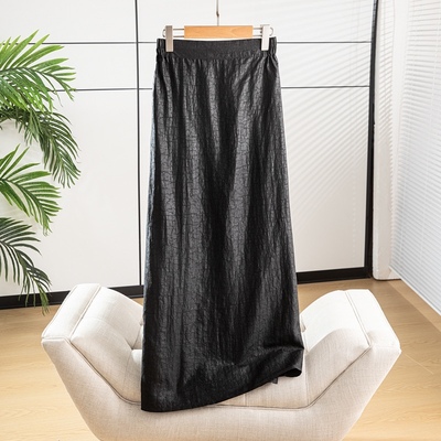 稀少限量油亮真丝龟裂纹香云纱复古文艺松紧腰直筒开叉一步半身裙