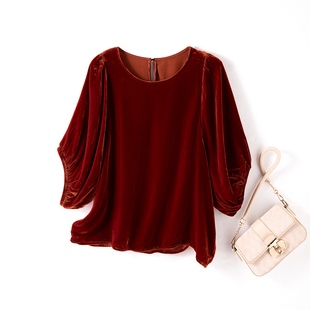 真丝桑蚕丝丝绒灯笼袖宽松衬衫女圆领衬衣五分袖上衣气质百搭减龄