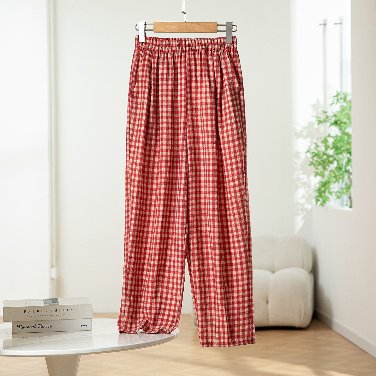 红格子桑蚕丝肌理真丝干丝松紧腰口袋宽松长裤哈伦锥型休闲裤女