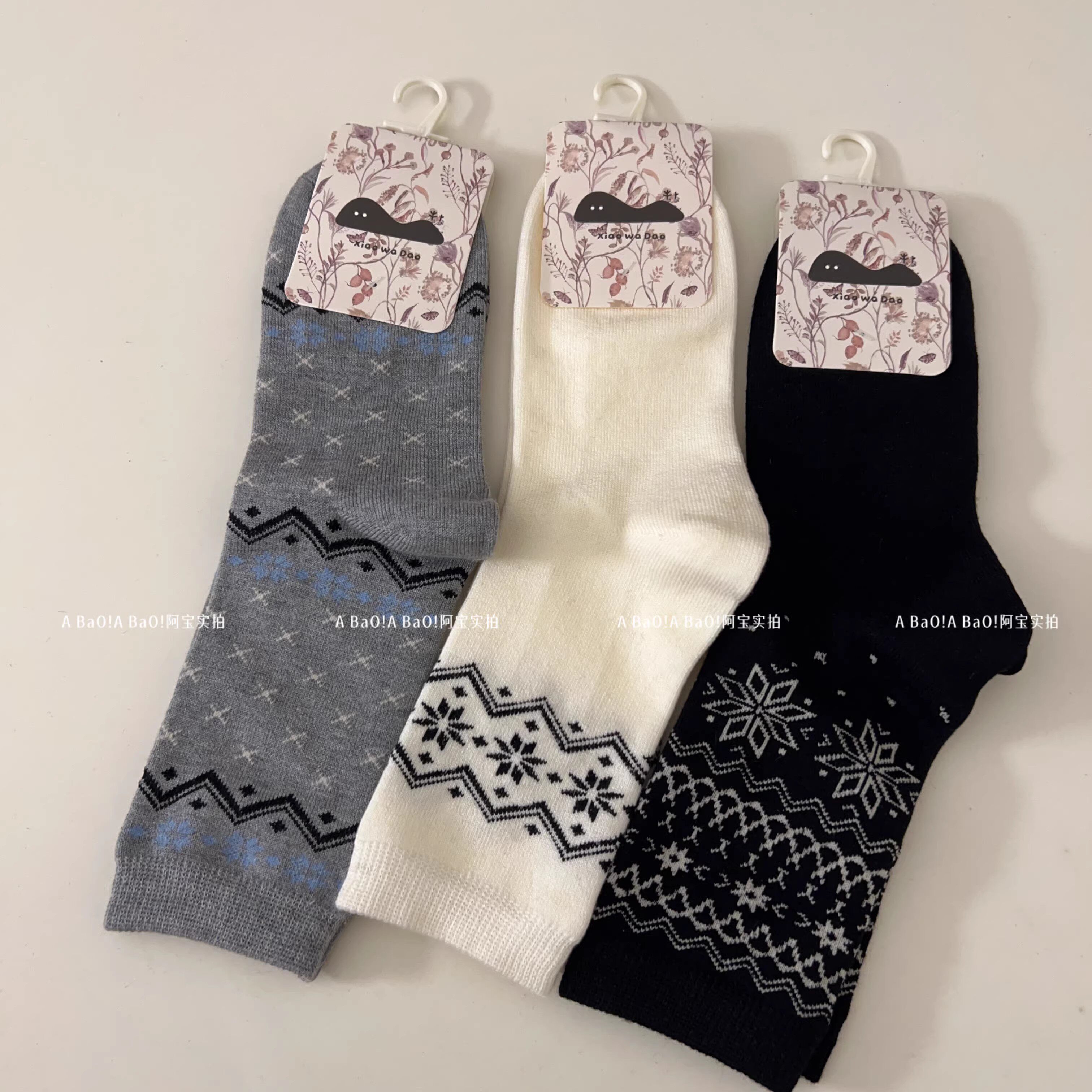 特价满20包邮 小袜岛~秋冬费尔岛雪花羊绒袜复古百搭小众中筒袜