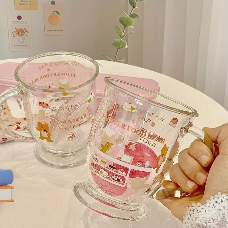 可爱小熊蛋糕杯子ins玻璃杯高颜值卡通印花喝水杯大容量女牛奶杯