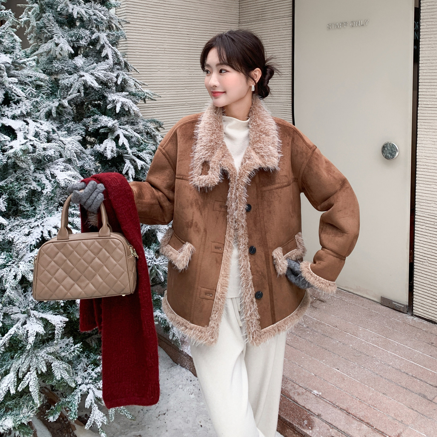 【新款】棕色复古美拉德系皮毛一体外套B208-9095-P215K318,女装短外套,浙宝208